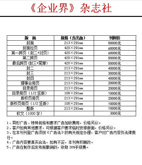 《企业界》广告刊例价